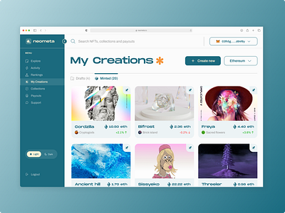 Neometa- NFT Creator Dashboard 3d art blockchain creator dashboard defi design ethereum explore figma nfts ui ux web3