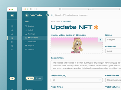 NFT Dashboard - Edit Royalty Share 3d art dashboard defi design digital art eth explore figma infra nft admin nft creator nfts royalty ui ux web3