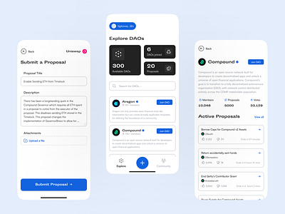 Decentralised Autonomous Organisation autonomous blockchain dao decentralised decision making defi design explore figma organisation submit proposal ui ux view vote web3