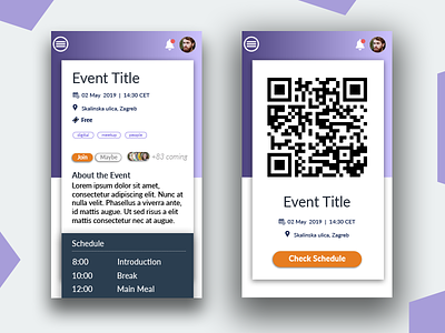 Event Booking app design event booking geolocalisation interface material design mobile app qr code react native ui