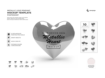 Metallic Heart Pendant 3D Mockup Bundle 3d 3d rendering gift glossy gray heart love luxury metal metallic mockup object realistic shiny silver steel symbol template valentine wedding