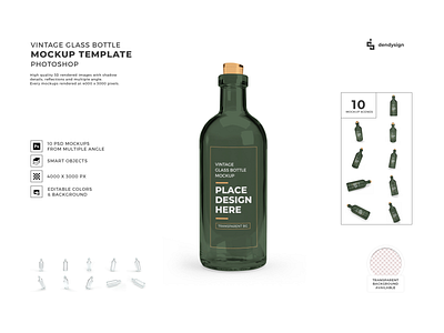 Vintage Glass Bottle 3D Mockup Bundle 3d alcohol beverage bottle container cork drink glass illustration isolated label liquid mockup object product retro transparent vial vintage wine