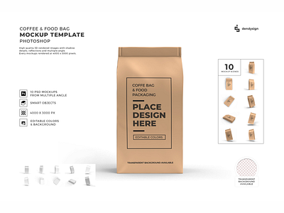 Coffee & Food Bag 3D Mockup Bundle advertising bag blank box coffee container design food isolated mockup pack package packaging packet paper pouch product realistic snack template