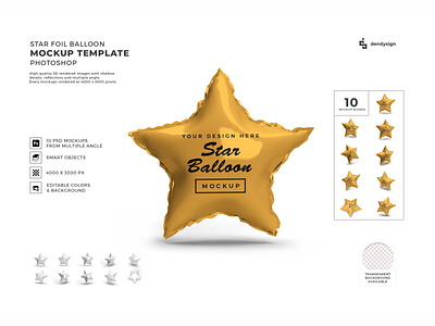 Star Foil Balloon Mockup Template Bundle 3d balloon birthday carnival celebrate celebration confetti decoration event festive foil gift gold holiday illustration isolated mockup party star template