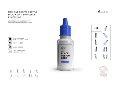 Medicine Dropper Bottle 3D Mockup Bundle 3d bottle container cosmetic dropper drug eyedropper illustration isolated liquid medicine mock mockup object packaging pharmaceutical pharmacy template vial white