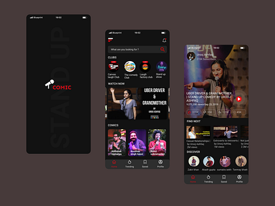 Comic - Stand up Comedy Video Streaming app app application comedy dark ui design laugh live lol mobail netflix playlist red stand up streaming typography video watch youtube