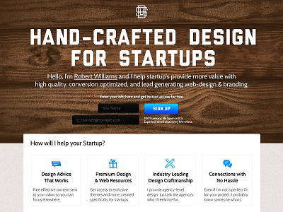 Startup Designer advice consulting crafstmanhip crafted design email free generating hand icons landing lead manly musk newsletter page resources sign startups themes up wood