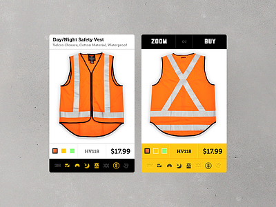 Hover States for Safety Vest Product Listing UI apparel black color icons orange price product white workwear yellow
