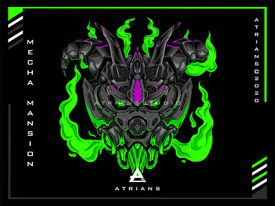 Mecha Mansion animal animals apparel clothing dark dark art dark illustration devil devils evil flame green iron mask japan mask mecha neon poster skateboard tshirt