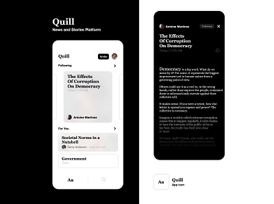 Quill app app design concepts dark mode design icon minimal mobile ui newspaper ui uiux ux writing