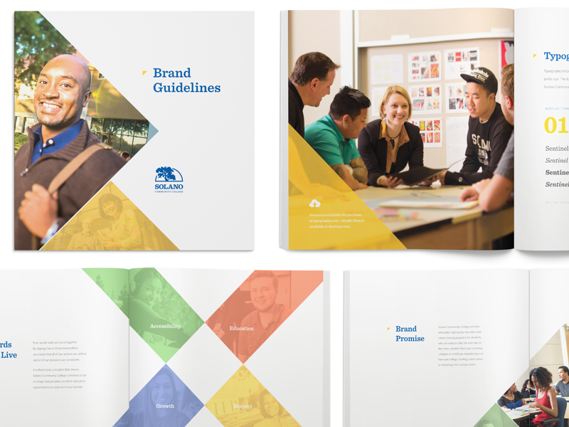 New Branding Case Study brand guidelines book bright logo university school community college brand