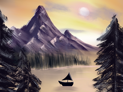 Boaty McBoat Face with Majestic Mountains boat bob ross mountains procreate sunset trees