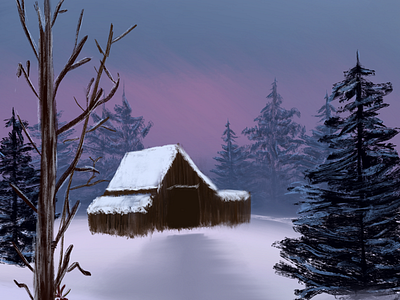 In the Midst of Winter bob ross cabin mountains procreate snow trees winter woods