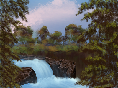 Misty Waterfall bob ross drawing happy trees illustration landscape misty waterfall painting procreate river trees water