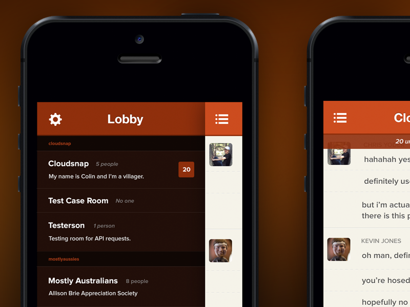 Chat App cloudsnap ios chat app reno kevin jones lobby sidebar menu