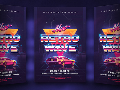 Retrowave Party Flyer Synthwave 80`s 80s awesome delorean eighties flyer future futuresynth invite music neon new outrun party retro retrowave synth synthwave wave