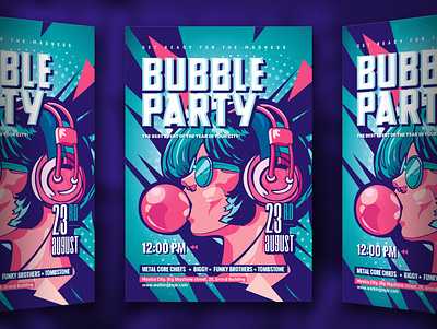 Bubble Party flyer art bubble bubblegum dance flyer girl gum headphones music party pink pop popart purple rad rave