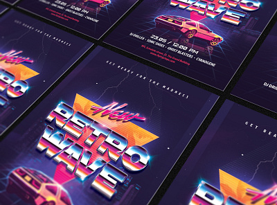 Retrowave Party Flyer Synthwave 80`s 80s awesome delorean eighties flyer future futuresynth invite music neon new outrun party retro retrowave synth synthwave wave