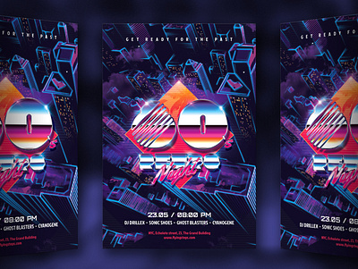 80s Retro Night Party Flyer 80`s 80s awesome delorean eighties flyer future futuresynth invite music neon new outrun party retro retrowave synth synthwave wave