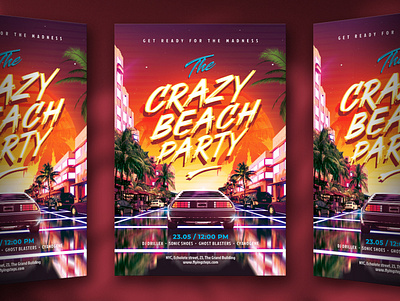 Crazy Beach Party Flyer 80s beach crazy delorean eighties flyer future futuresynth la music outrun palm party retro retrowave sunset synth synthwave wave