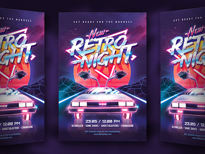 80`s New Retro Night Party Flyer 80`s 80s awesome delorean eighties flyer future futuresynth invite music neon new outrun party retro retrowave synth synthwave wave