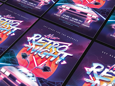 80`s New Retro Night Party Flyer 80`s 80s awesome delorean eighties flyer future futuresynth invite music neon new outrun party retro retrowave synth synthwave wave