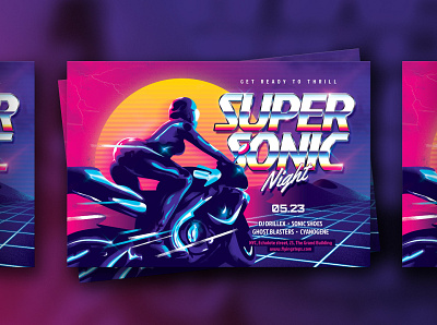 Super Sonic Party Flyer 80s eighties flyer futuresynth girl helmet latex motorcycle neon night outrun party retro retrowave sexy supersonic synth synthwave wave