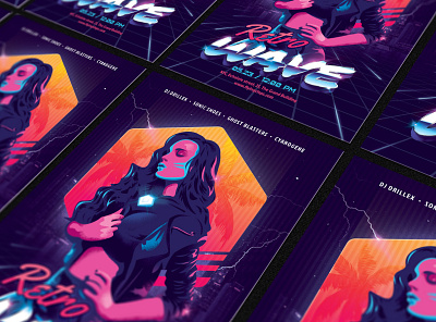 New Retro Wave Party Flyer 80`s 80s eighties flyer future futuresynth girl invite music neon new outrun party retro retrowave sexy synth synthwave wave