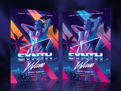 Synth Retro Wave Party Flyer 80`s 80s eighties flyer future futuresynth girl invite music neon new outrun party retro retrowave sexy synth synthwave wave