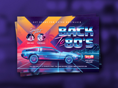 Back to 80`s Party Flyer 80`s 80s awesome delorean eighties flyer future futuresynth invite music neon new outrun party retro retrowave synth synthwave wave