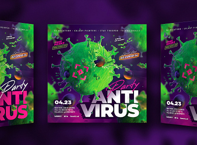 Antivirus Party Flyer anti antivirus bullet corona coronavirus covid covid19 event fight flyer green pandemic party shoot virus