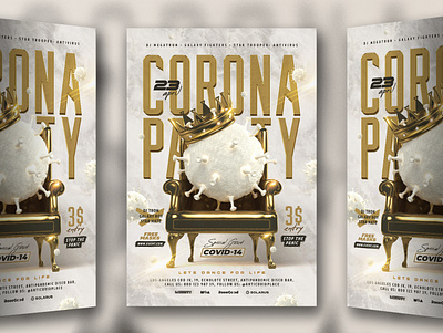 Corona Party Flyer anti antivirus corona coronavirus covid covid19 event fight flyer gold golden green king pandemic party royal throne tsar virus