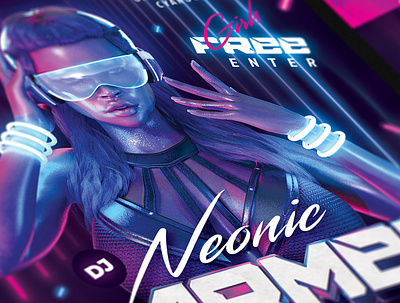 Party Flyer DJ Neonic Carmen 80`s 80s dj eighties flyer future futuresynth girl invite music neon new outrun party retro retrowave sexy synth synthwave wave