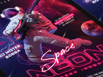 Neon Space Party Flyer astronaut cosmonaut flyer guitar nebula neon party planet space stars