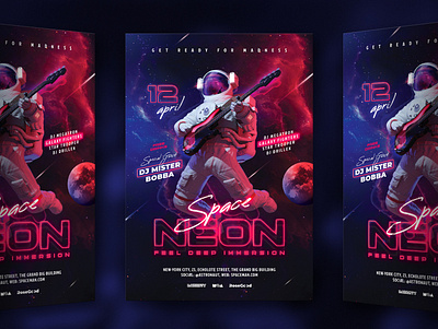 Neon Space Party Flyer astronaut cosmonaut flyer guitar music nebula neon party planet space stars