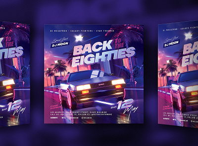 Back to The 80s Party Flyer 80`s 80s car city delorean eighties flyer futuresynth neon new outrun palm party retro retrowave synth synthwave vapor vaporwave wave