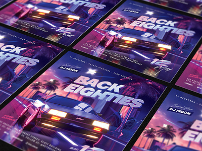 Back to The 80s Party Flyer 80`s 80s car city delorean eighties flyer futuresynth neon new outrun palm party retro retrowave synth synthwave vapor vaporwave wave