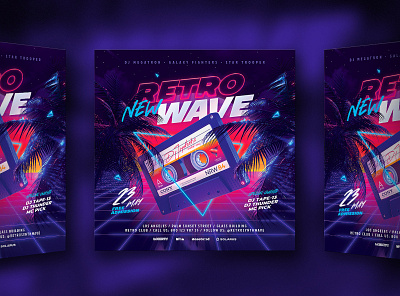 Party Flyer Retrowave 80`s 80s audio audiocassette cassette delorean eighties flyer neon new outrun palm party retro retrowave synth synthwave vapor vaporwave wave