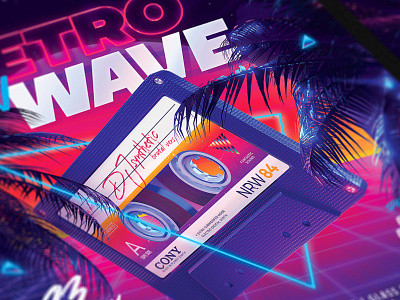 Party Flyer Retrowave 80`s 80s audio audiocassette cassette delorean eighties flyer neon new outrun palm party retro retrowave synth synthwave vapor vaporwave wave