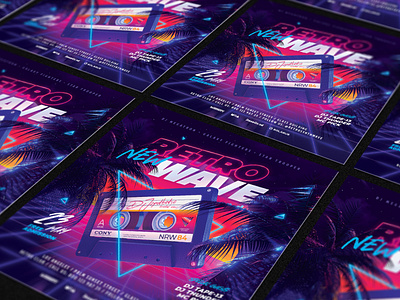 Party Flyer Retrowave 80`s 80s audio audiocassette cassette delorean eighties flyer neon new outrun palm party retro retrowave synth synthwave vapor vaporwave wave