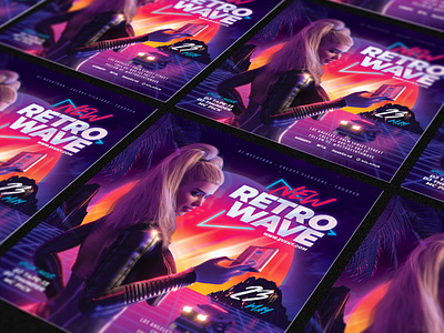Party Flyer New Retrowave 80`s 80s audiocassette cassette delorean eighties flyer girl new outrun palm party pretty retro retrowave sexy synth synthwave vapor vaporwave