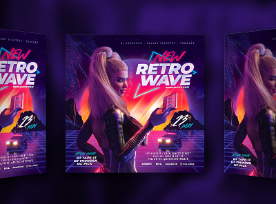 Party Flyer New Retrowave 80`s 80s audiocassette cassette delorean eighties flyer girl new outrun palm party pretty retro retrowave sexy synth synthwave vapor vaporwave