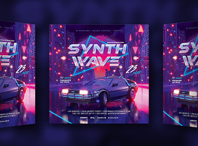 Synth Wave Party Flyer 80`s 80s back car city delorean eighties flyer future futuresynth new outrun party retro retrowave synth synthwave vapor vaporwave wave