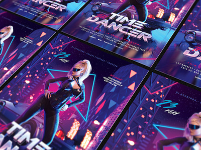 Time Dancer Synthwave Retrowave 80s 80`s 80s back city delorean eighties flyer future girl new outrun party pretty retro retrowave sexy synth synthwave vapor vaporwave