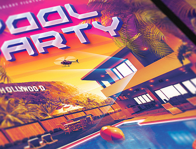 Pool Party Flyer 80`s 80s eighties flyer helicopter hollywood la outrun palm party police pool retro retrowave summer synth synthwave vapor vaporwave wave
