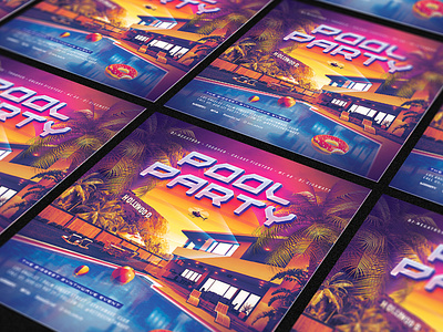 Pool Party Flyer 80`s 80s eighties flyer helicopter hollywood la outrun palm party police pool retro retrowave summer synth synthwave vapor vaporwave wave