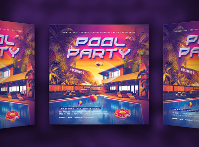 Pool Party Flyer 80`s 80s eighties flyer helicopter hollywood la outrun palm party police pool retro retrowave summer synth synthwave vapor vaporwave wave