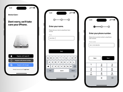 Device Care+ : Simple Registration Flow design ios iphone screen repair ui design