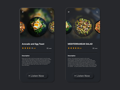 Food recipe app app branding dailyui dark ui darktheme design figma figmadesign mobile moblieapp music player recipe app ui ux