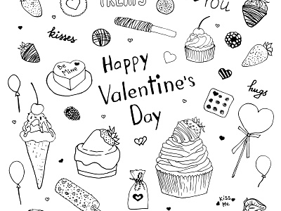 Happy Valentine's Day doodle set. Desserts sketch black and white design dessert doodle food heart illustration set sketch sweet sweets valentine vector